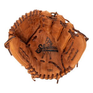 Front view of a brown baseball glove with a black Shoeless Joe logo, 1250 number, and Professional Model text.