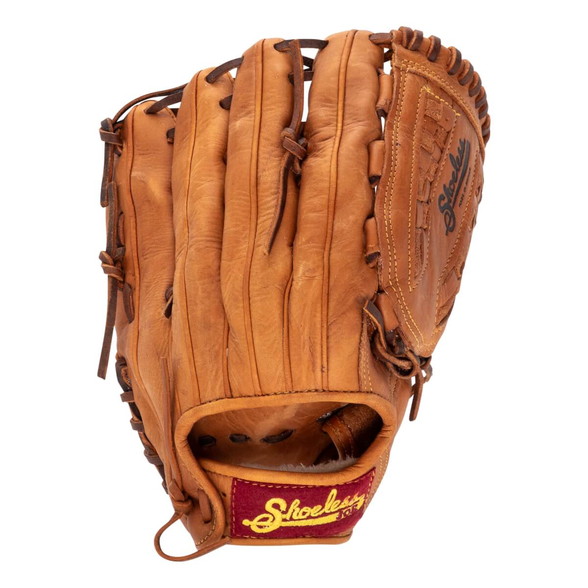 Front view of a tan leather baseball glove with intricate lacing and a red Shoeless Joe wrist patch.