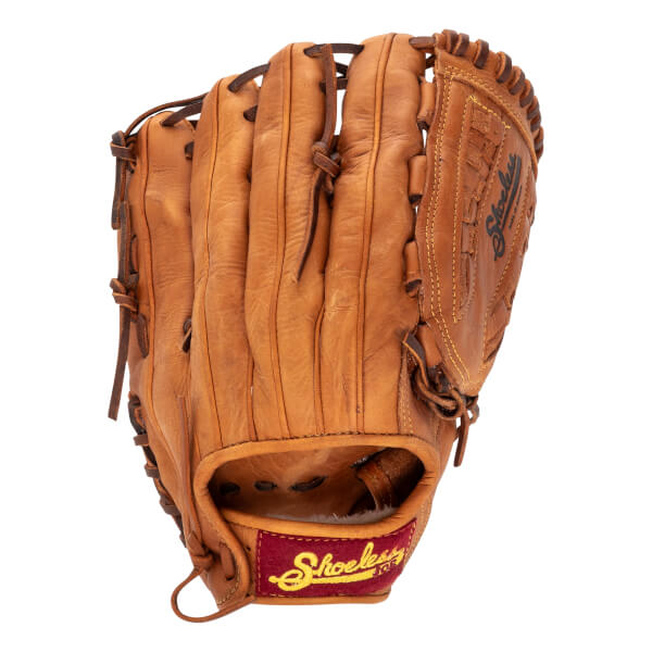 Front view of a tan leather baseball glove with intricate lacing and a red Shoeless Joe wrist patch.