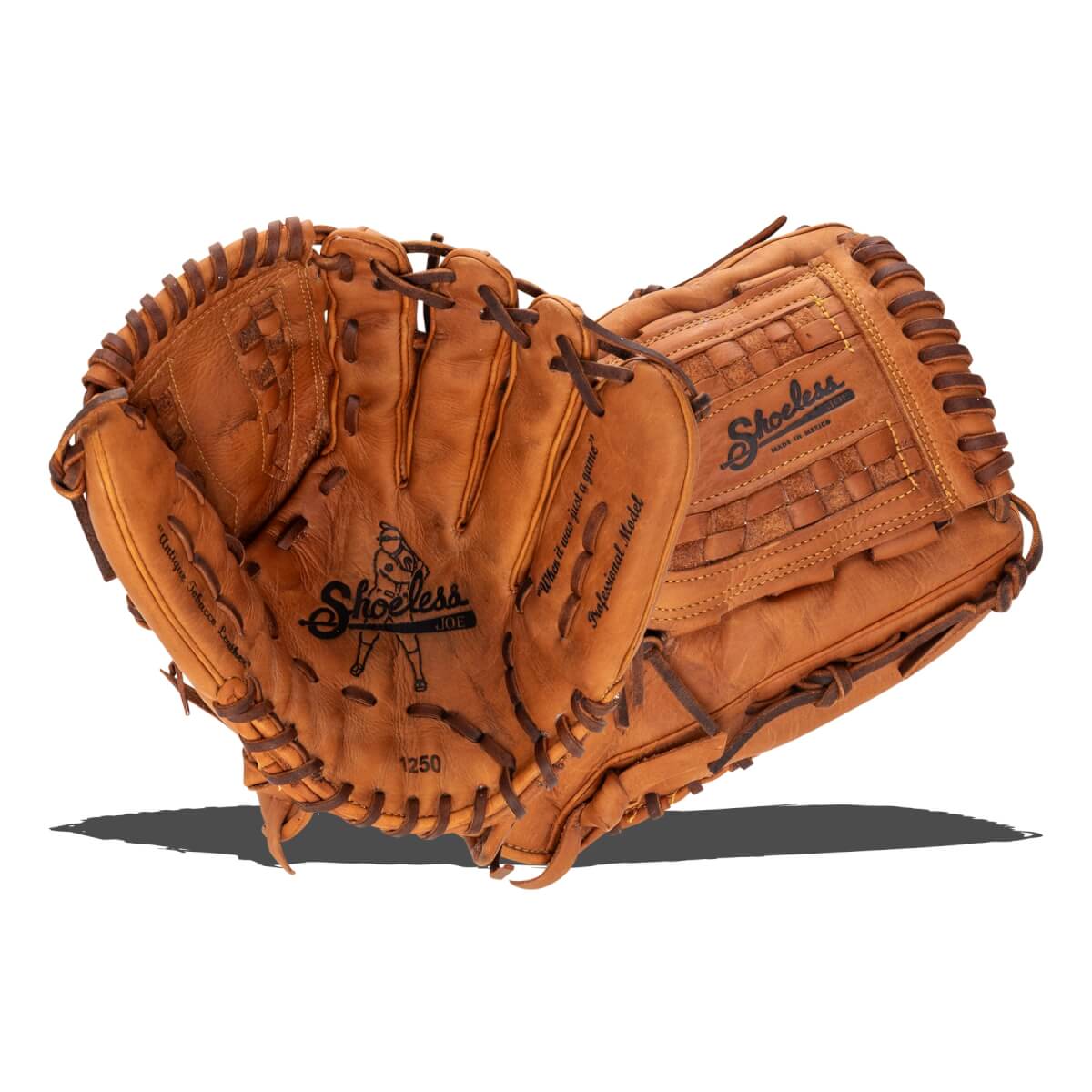 Angled front view of a brown baseball glove with Shoeless Joe logo, dark lacing, and Professional Model text.