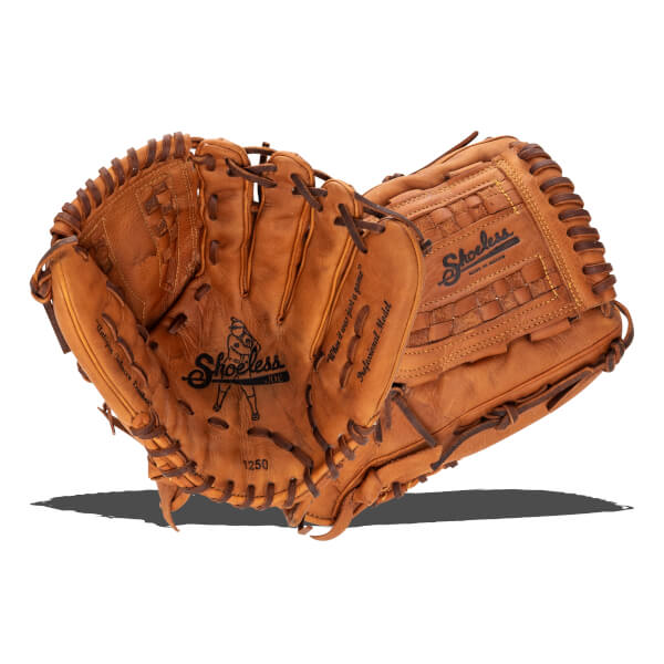 Angled front view of a brown baseball glove with Shoeless Joe logo, dark lacing, and Professional Model text.