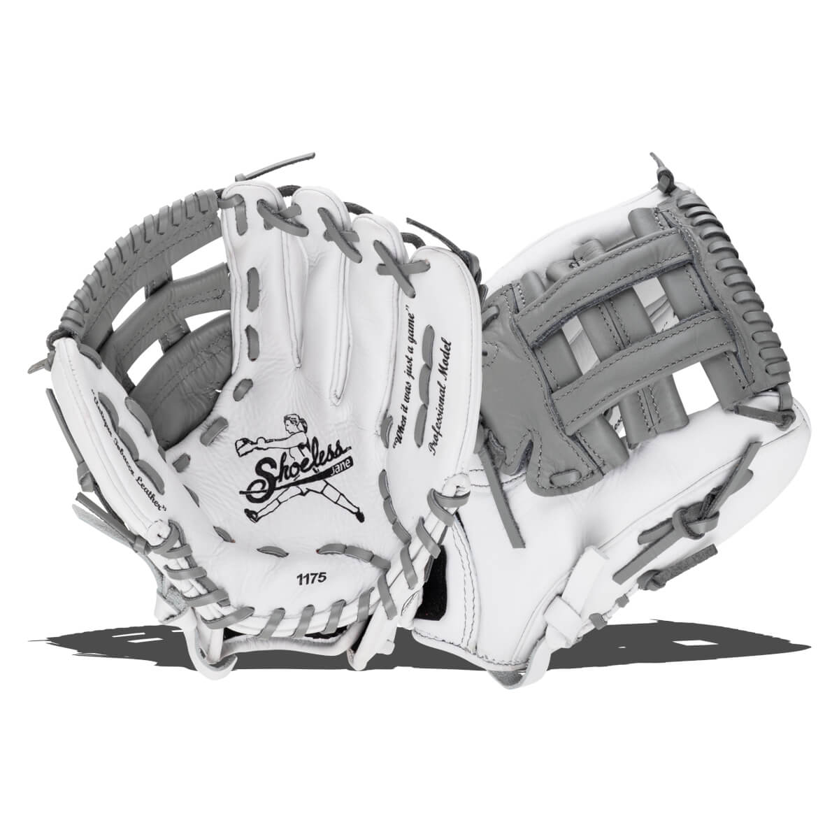 Corner view of two white and grey leather gloves featuring the Shoeless Jane logo, the number 1175, and the phrase "When it was just a game" on the palm.
