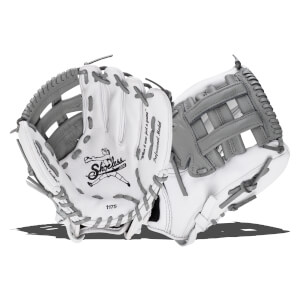 Corner view of two white and grey leather gloves featuring the Shoeless Jane logo, the number 1175, and the phrase "When it was just a game" on the palm.