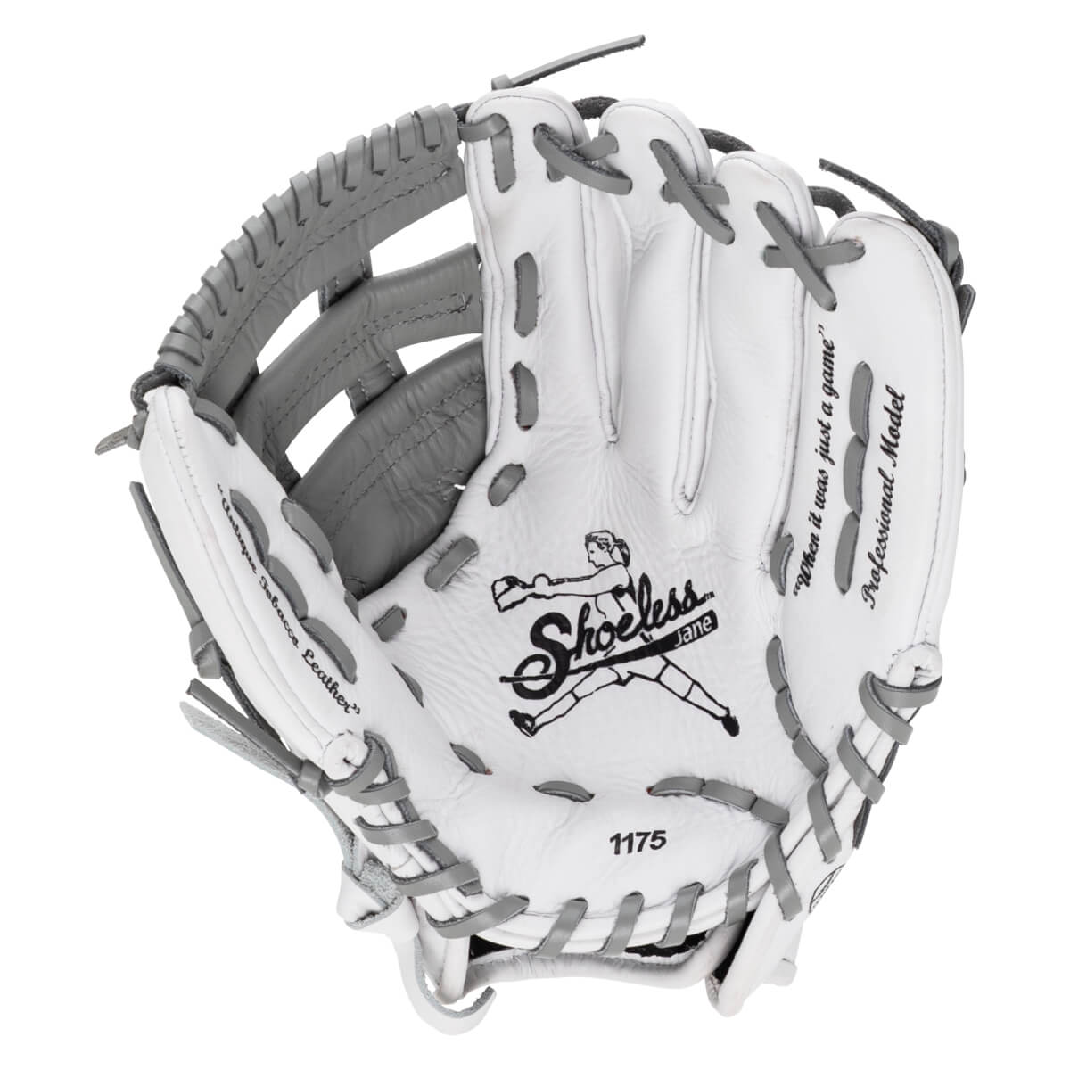 Front view of a white and gray softball glove featuring the Shoeless Jane logo, "Professional Model", and "1175" markings across the palm and pocket.