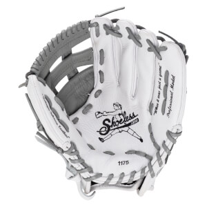 Front view of a white and gray softball glove featuring the Shoeless Jane logo, "Professional Model", and "1175" markings across the palm and pocket.