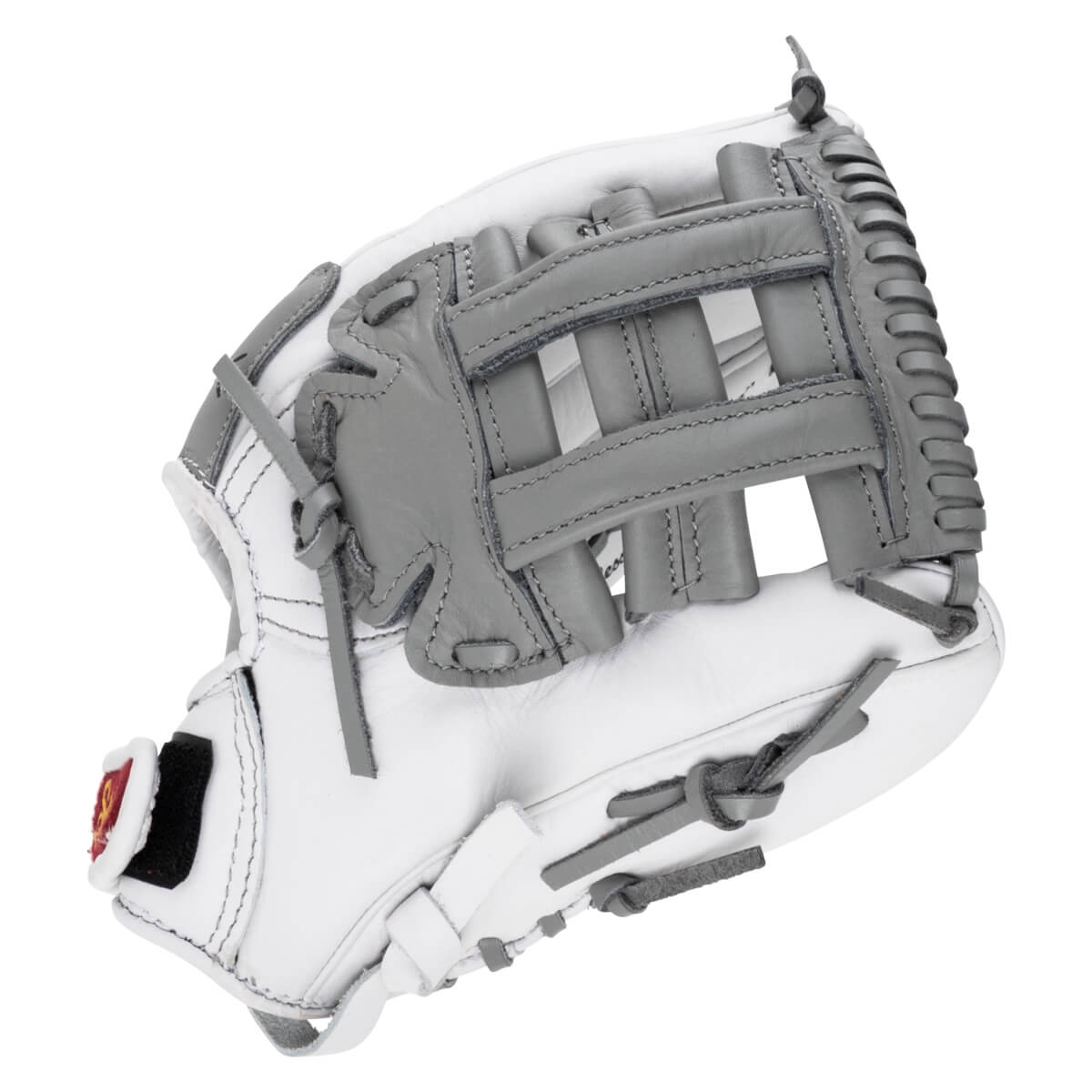 Front view of a white leather fastpitch softball glove featuring gray webbing, gray laces, and a small red and gold logo on the wrist strap.