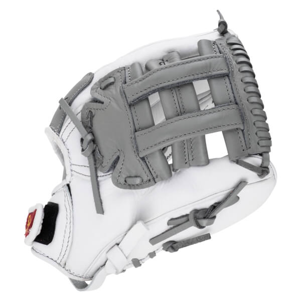 Front view of a white leather fastpitch softball glove featuring gray webbing, gray laces, and a small red and gold logo on the wrist strap.