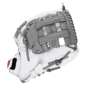 Front view of a white leather fastpitch softball glove featuring gray webbing, gray laces, and a small red and gold logo on the wrist strap.