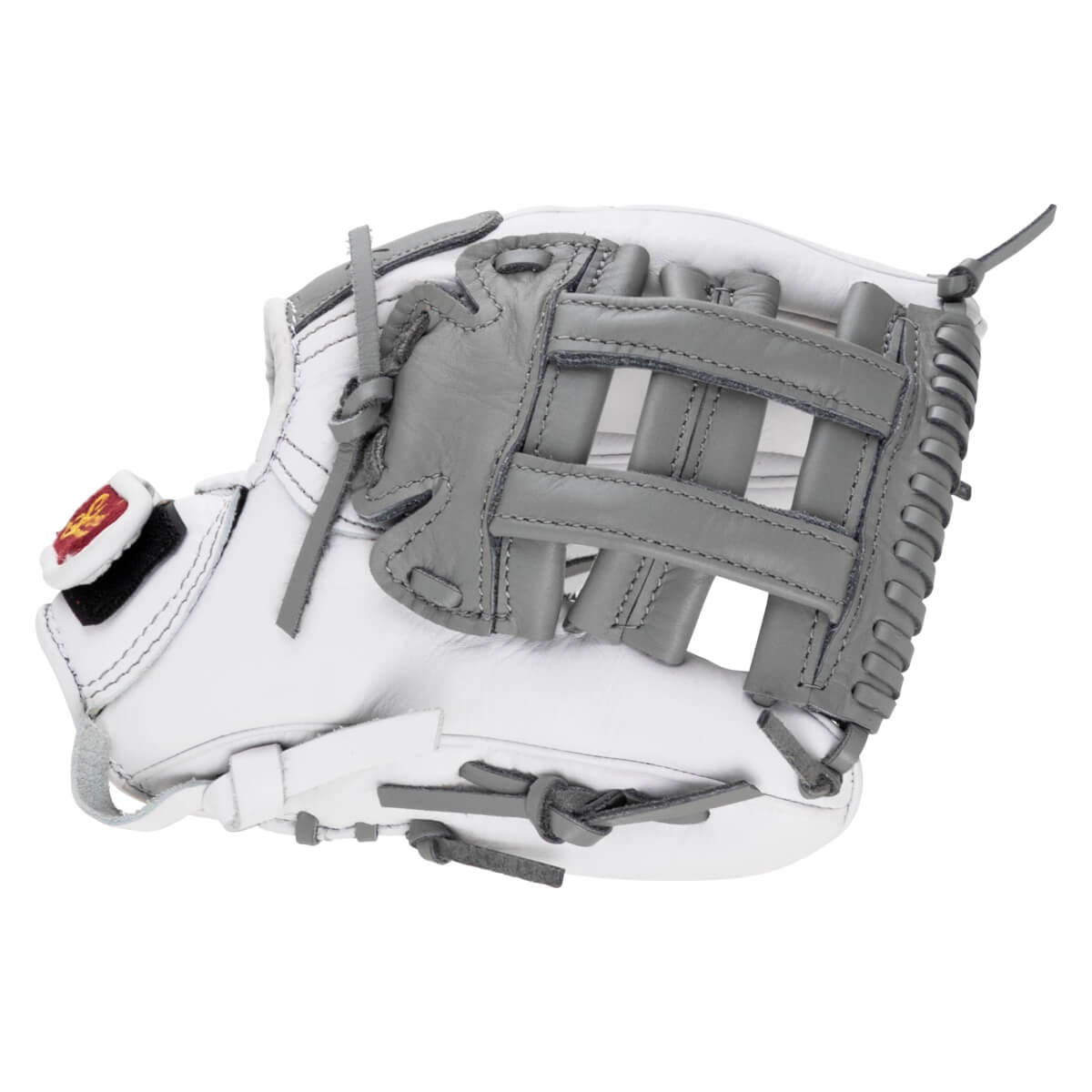Front view of a white fastpitch softball glove featuring a grey H-web pocket, grey laces, and a red and gold logo on the thumb.