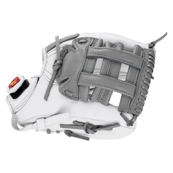 Front view of a white fastpitch softball glove featuring a grey H-web pocket, grey laces, and a red and gold logo on the thumb.