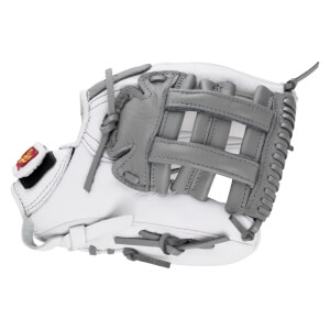 Front view of a white fastpitch softball glove featuring a grey H-web pocket, grey laces, and a red and gold logo on the thumb.