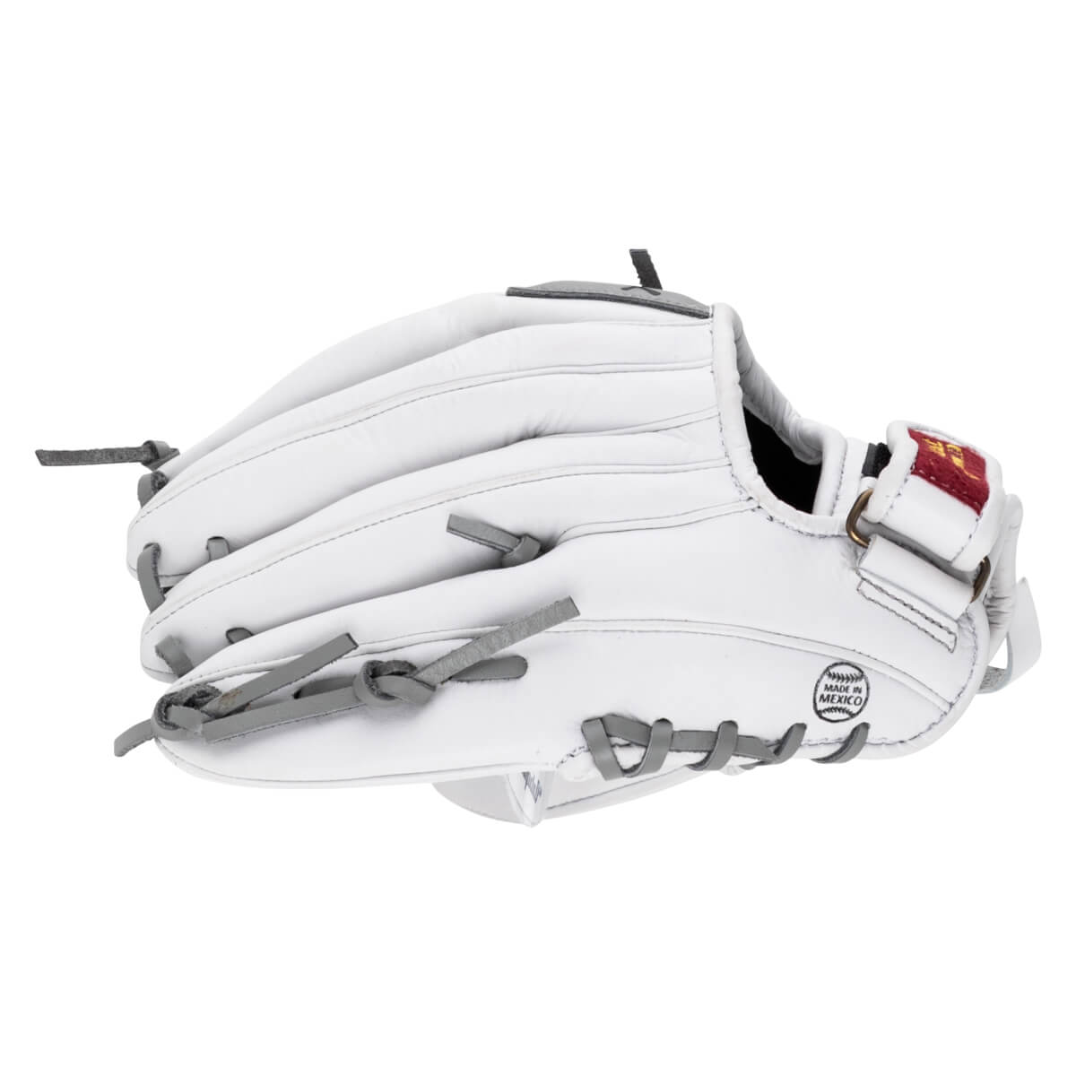 Back view of a white leather softball glove with grey laces, an adjustable wrist strap, and a "MADE IN MEXICO" stamp on the heel.