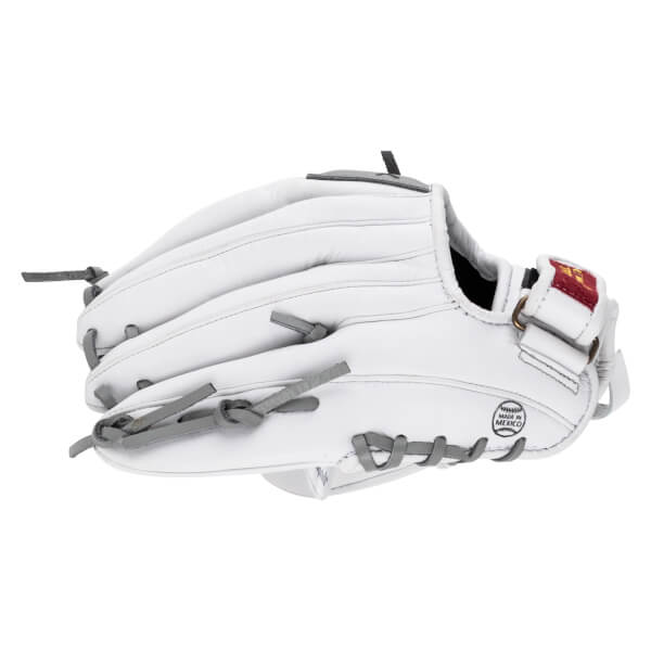 Back view of a white leather softball glove with grey laces, an adjustable wrist strap, and a "MADE IN MEXICO" stamp on the heel.