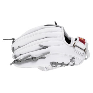 Back view of a white leather softball glove with grey laces, an adjustable wrist strap, and a "MADE IN MEXICO" stamp on the heel.