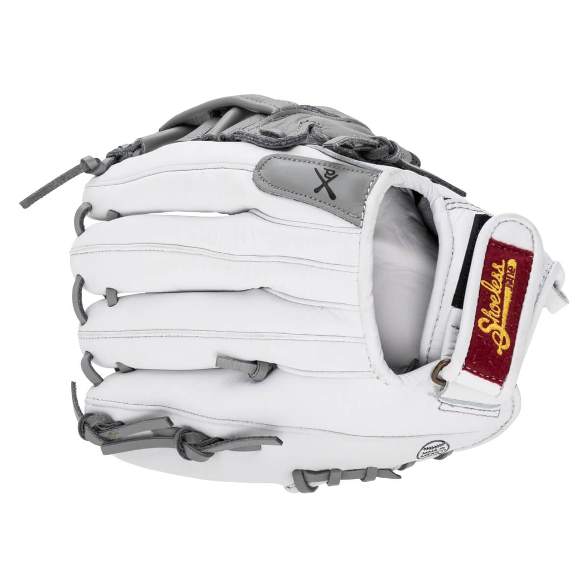 Back view of a white leather glove featuring grey laces and a maroon wrist strap patch with "Shoeless" embroidered in gold script.