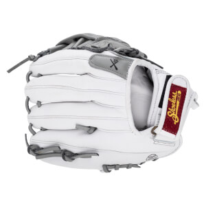 Back view of a white leather glove featuring grey laces and a maroon wrist strap patch with "Shoeless" embroidered in gold script.