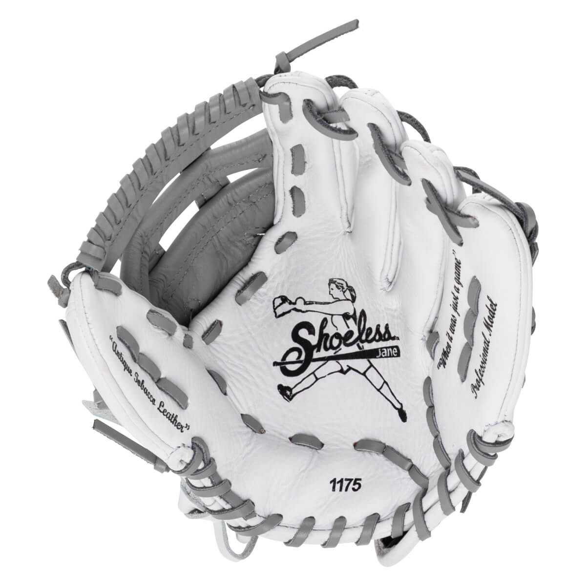 Front view of a white softball glove with gray laces, featuring the Shoeless Jane logo, "Antique Tobacco Leather" on the thumb, and the number 1175 at the bottom.