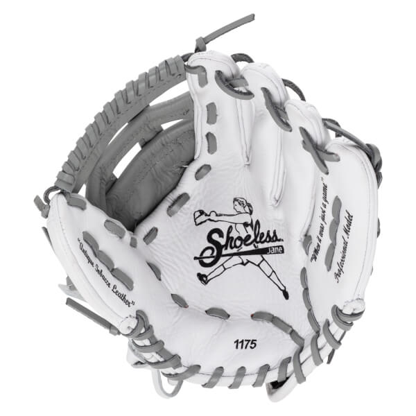 Front view of a white softball glove with gray laces, featuring the Shoeless Jane logo, "Antique Tobacco Leather" on the thumb, and the number 1175 at the bottom.
