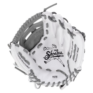 Front view of a white softball glove with gray laces, featuring the Shoeless Jane logo, "Antique Tobacco Leather" on the thumb, and the number 1175 at the bottom.