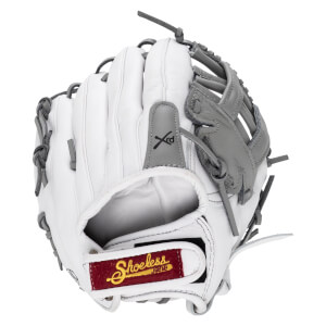 Back view of a white and grey softball glove featuring a maroon wrist strap with "Shoeless Jane" in gold and a grey leather insert with an "XRD" logo.
