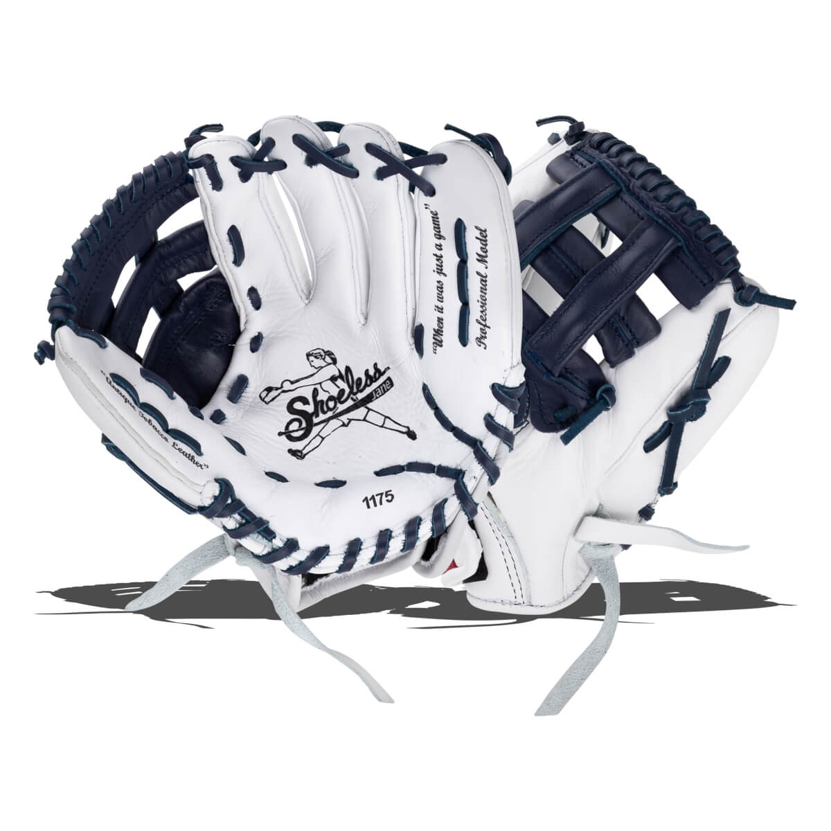 Front and back views of a white and navy blue Shoeless Jane glove with an H-web, featuring the brand logo and "1175" and "Professional Model" text on the palm.