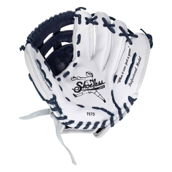 Front view of a white softball glove with navy blue laces, featuring the Shoeless Jane logo, "1175" on the palm, and "Professional Model" on the outer finger.