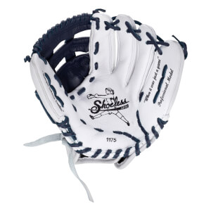 Front view of a white softball glove with navy blue laces, featuring the Shoeless Jane logo, "1175" on the palm, and "Professional Model" on the outer finger.