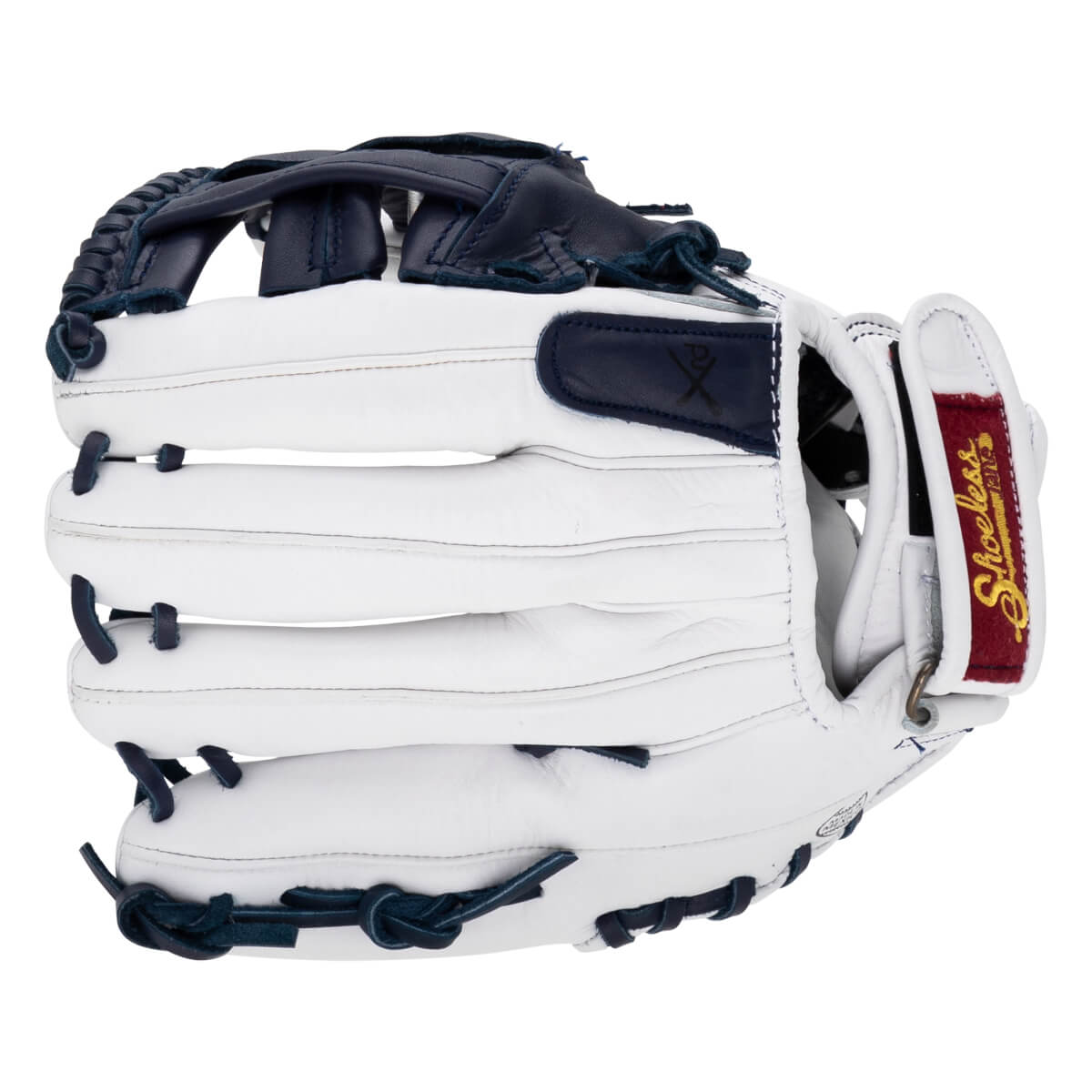 Back view of the white leather glove with navy blue accents and a red wrist strap featuring the "Shoeless Jane" logo embroidered in yellow script.