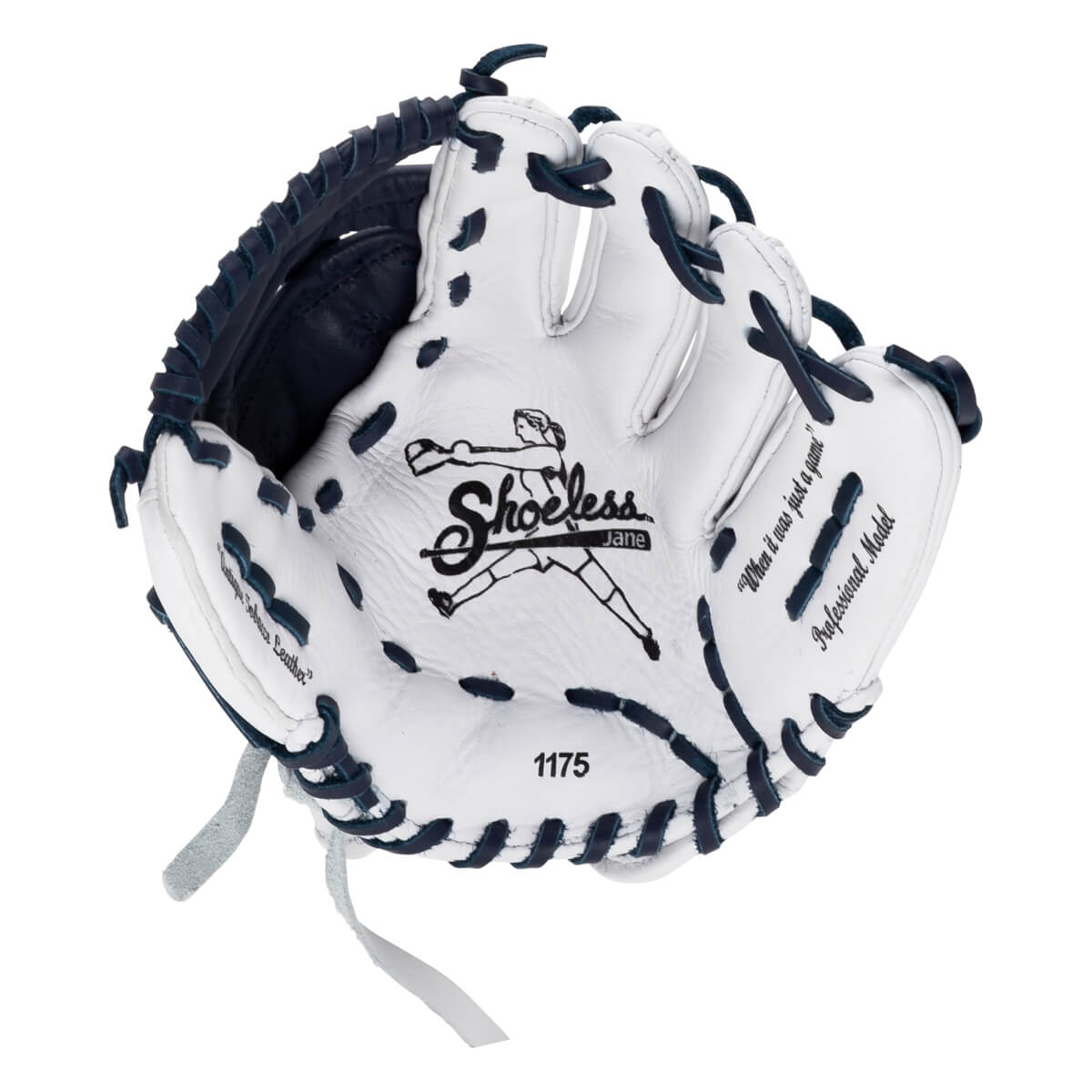 Front palm view of a white leather Shoeless Jane softball glove with navy laces, featuring the Shoeless Jane logo, model number 1175, and 'Professional Model' text.
