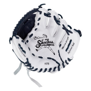 Front palm view of a white leather Shoeless Jane softball glove with navy laces, featuring the Shoeless Jane logo, model number 1175, and 'Professional Model' text.