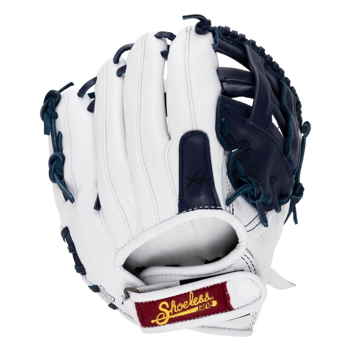 Back view of a white softball glove with navy blue accents, an "Xrd" logo on the finger hood, and a red and gold "Shoeless Joe" script label on the wrist strap.