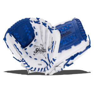 Top-down view of a white and blue Shoeless Joe fastpitch softball glove with "Shoeless Jane" logo, "1250" model number, and "Professional Model" text.