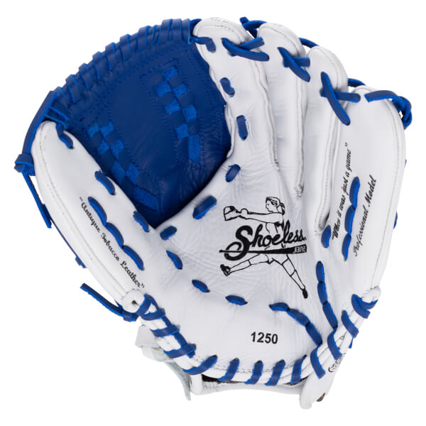 Top-down view of a white Shoeless Joe Jane softball glove with blue lacing and detailing, showing "Shoeless Jane" logo, "1250," and "Professional Model."