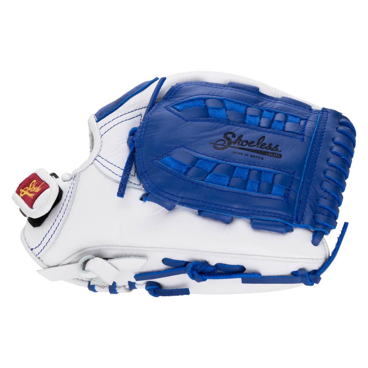 Front view of a white and blue Shoeless Joe glove with "Shoeless" and "MADE IN MEXICO" visible.