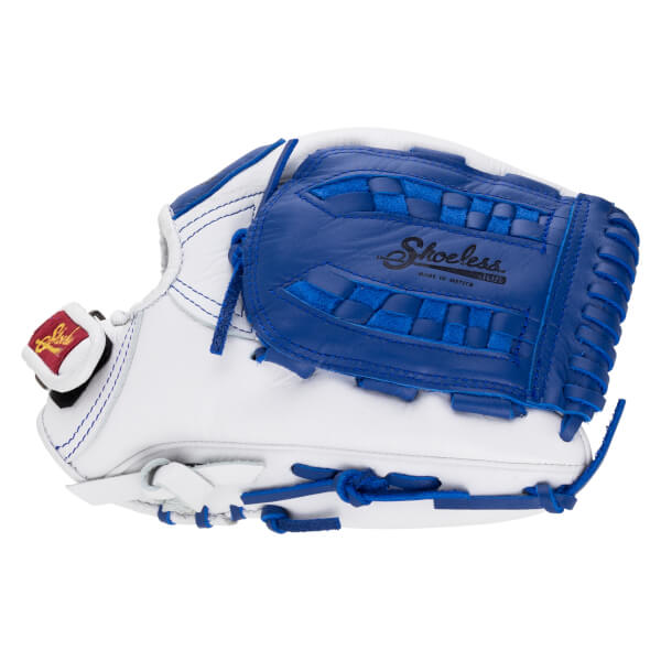 Front view of a white and blue Shoeless Joe glove with "Shoeless" and "MADE IN MEXICO" visible.