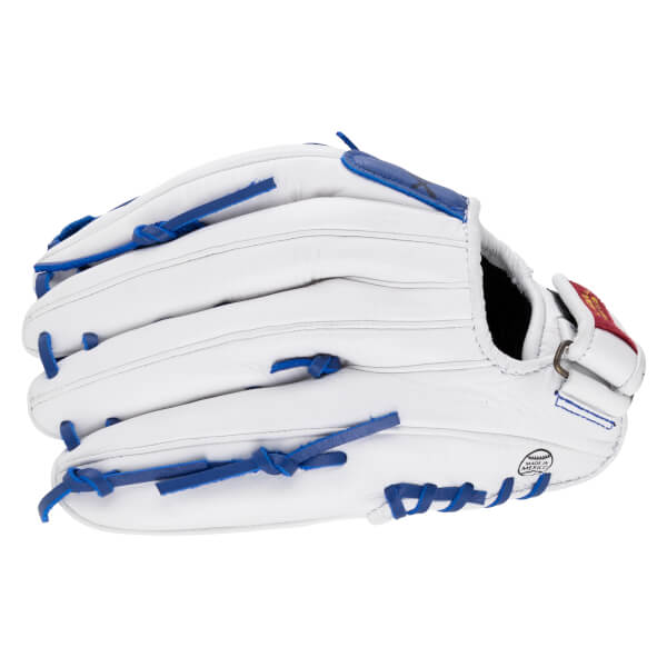 Side view of a white fastpitch softball glove with royal blue lacing and "MADE IN MEXICO" text.