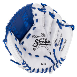 Top-down view of a white and blue Shoeless Jane fastpitch softball glove featuring a logo and "1250".