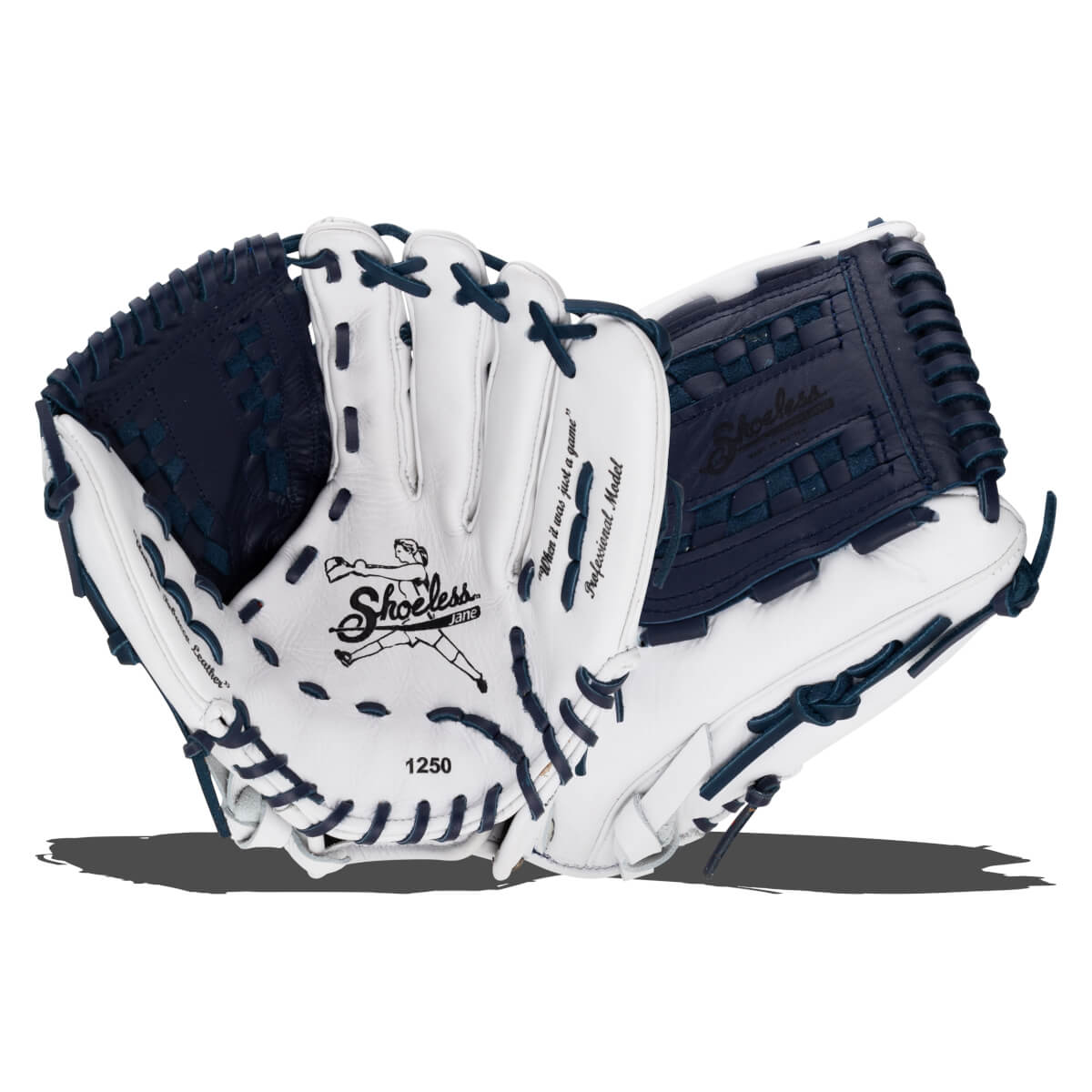 Corner view of white and navy Shoeless Joe Jane fastpitch glove with "Shoeless Jane" logo and "1250" visible.