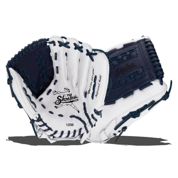 Corner view of white and navy Shoeless Joe Jane fastpitch glove with "Shoeless Jane" logo and "1250" visible.