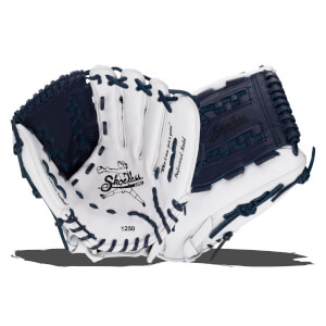 Corner view of white and navy Shoeless Joe Jane fastpitch glove with "Shoeless Jane" logo and "1250" visible.