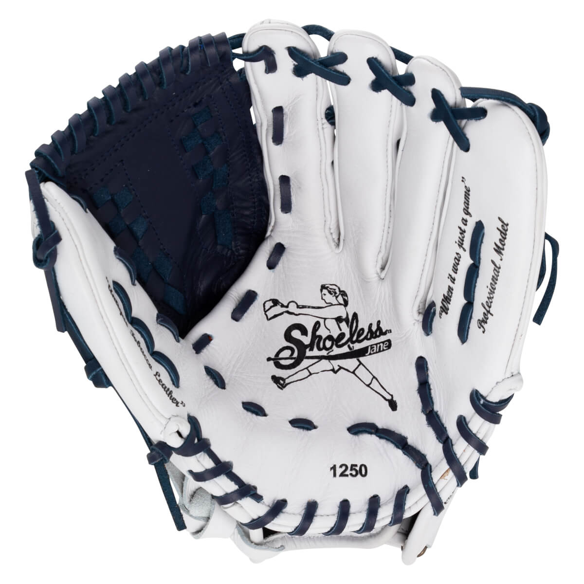 Front view of a white Shoeless Jane softball glove with navy laces, showing the logo, "1250", and "Professional Model".