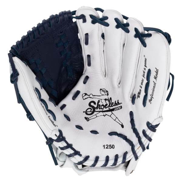 Front view of a white Shoeless Jane softball glove with navy laces, showing the logo, "1250", and "Professional Model".