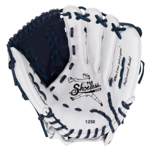 Front view of a white Shoeless Jane softball glove with navy laces, showing the logo, "1250", and "Professional Model".