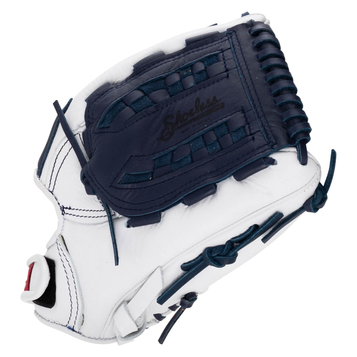 Corner view of a white fastpitch softball glove with navy blue lacing and a woven palm pad showing "Shoeless" script.