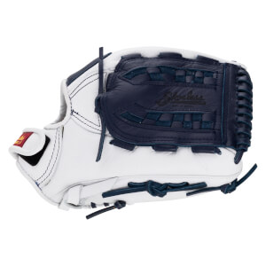 Side view of a white and navy Shoeless Joe Professional Series glove with "Shoeless" logo visible.