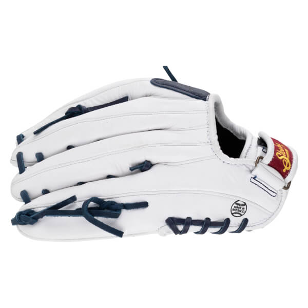 Side view of a white Shoeless Joe fastpitch glove with navy lacing and a "Shoeless Joe" logo patch.