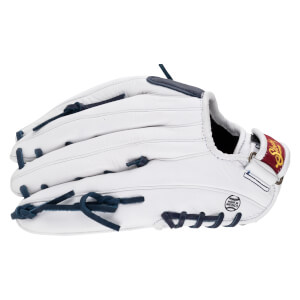 Side view of a white Shoeless Joe fastpitch glove with navy lacing and a "Shoeless Joe" logo patch.
