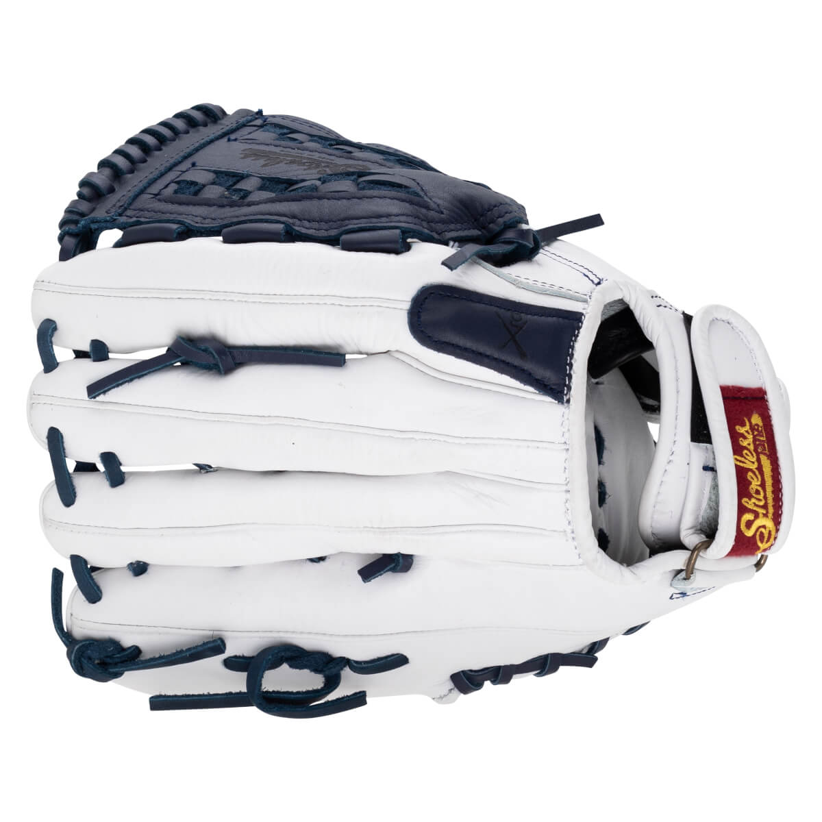 Side view of a white and navy Shoeless Joe fastpitch softball glove featuring "Shoeless" text.
