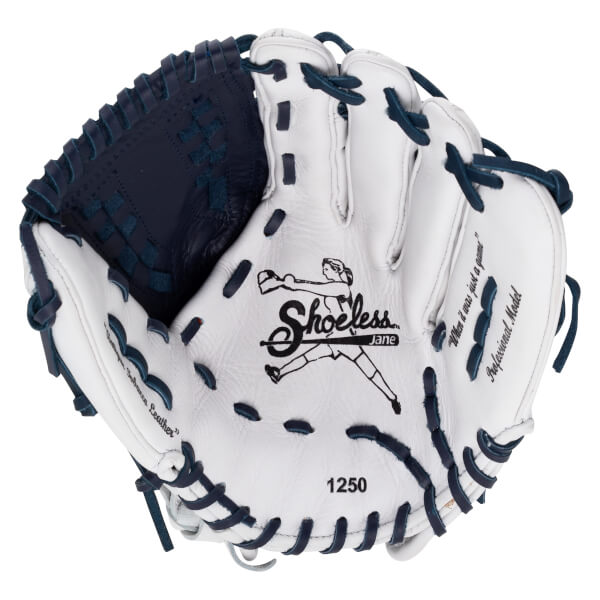 Front view of a white Shoeless Jane glove with navy lacing, showing the leaping pitcher logo, "1250", and "Professional Model".