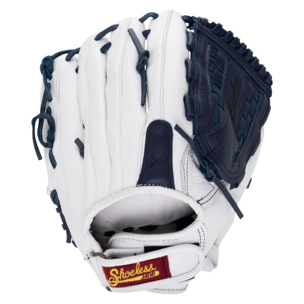 Front view of a white fastpitch softball glove with navy accents and "Shoeless" logo.